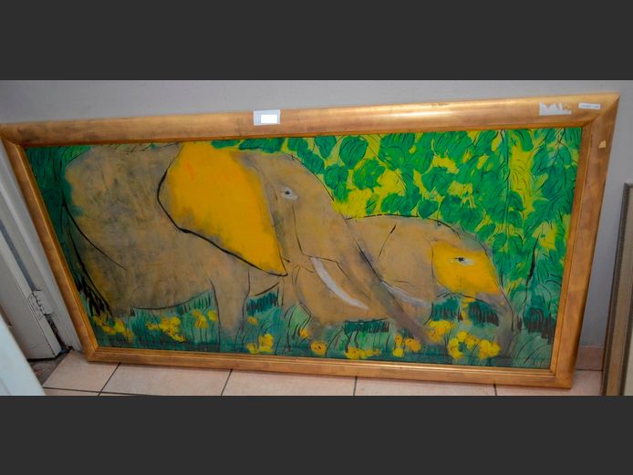 GILT FRAMED ELEPHANT PICTURE, 152 x 76cm