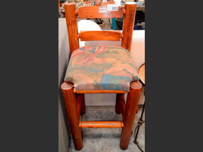PINE LOG CABIN STYLE BAR CHAIR, 75cm High [Seat torn, needs a clean]	