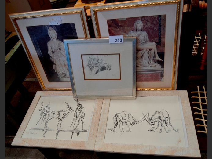 PAIR FRAMED SKETCHES "BUCK", PAIR ROMAN PRINTS & ANOTHER [Glass broken to 2]