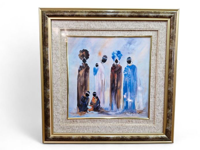 Framed African Picture "Village People in Traditional Attire"