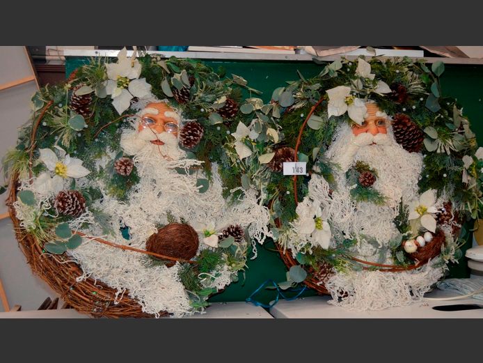 PAIR HAND CRAFTED FATHER CHRISTMAS WREATHS, 70cm Diameter