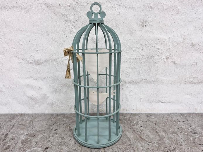 French-Style Laser-Cut Wood Painted Birdcage with Hanging Motifs