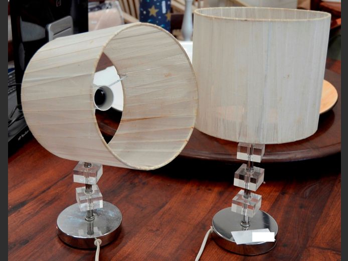 PAIR CHROME & ACRYLIC BEDSIDE LAMPS, 41cm High [1 lamp shade needs fixing] [#: 415798271]