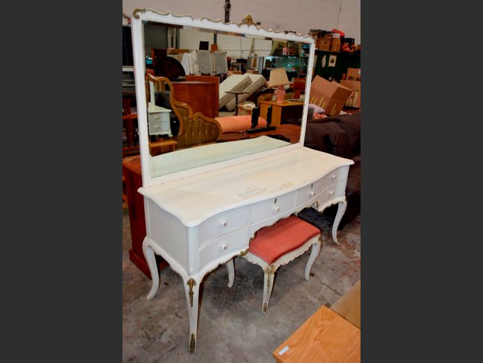 FRENCH STYLE WHITE PAINTED 6-DRAWER DRESSING TABLE, 55 x 52 x 176cm, WITH BEVELLED MIRROR & STOOL, 55 x 39 x 45cm [Paint flaking, needs a paint job]