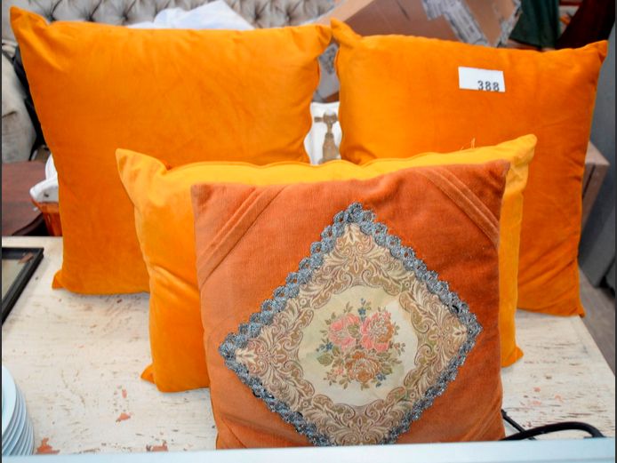 SET OF 3 MUSTARD COLOURED SCATTER CUSHIONS & ANOTHER