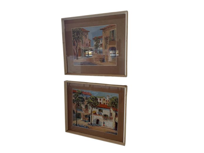 Pair of Framed European Street Scene Artworks (Signed)
