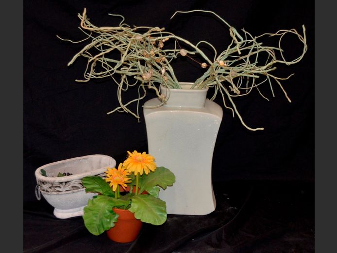 LIGHT GREEN GLAZED POTTERY VASE WITH EVERLASTING FLOWERS, CONCRETE CENTREPIECE, etc
