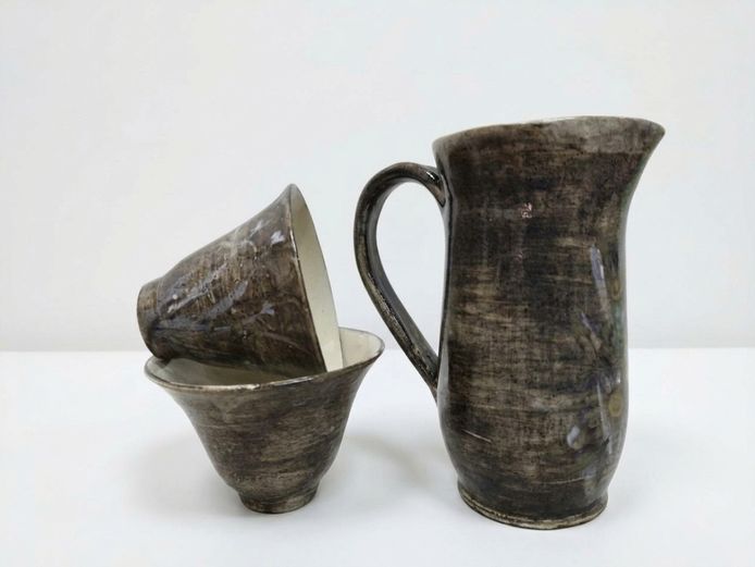 Studio Pottery Hand-Painted Pitcher & Two Bowls Set by Csilla
