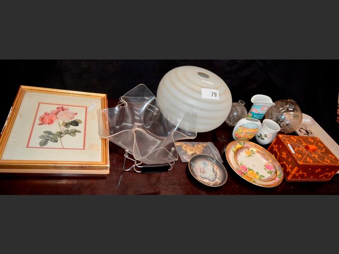 VASES, GLASS LAMP SHADES, JEWELLERY BOX, FRAMED PRINT, etc