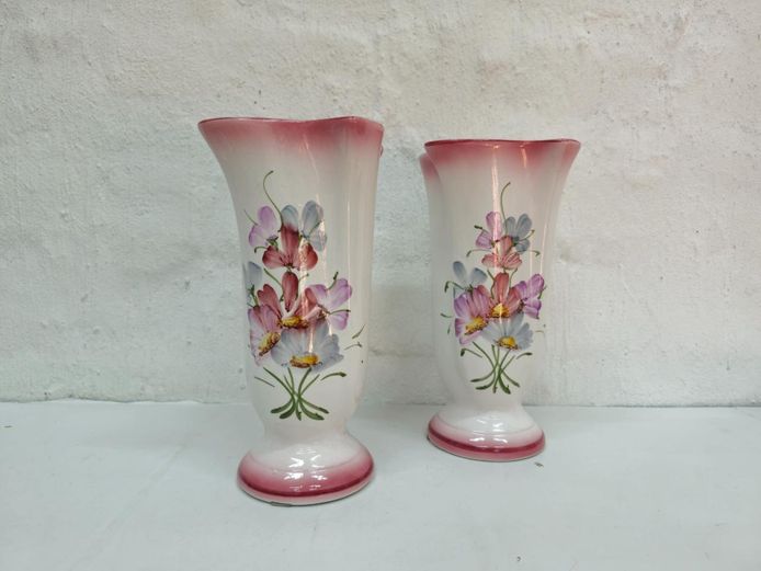 Pair of Vintage Hand-Painted Floral Ceramic Flared Vases