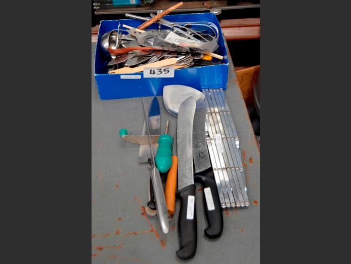 BUTCHER'S KNIVES, CUTLERY, TRIVET, etc