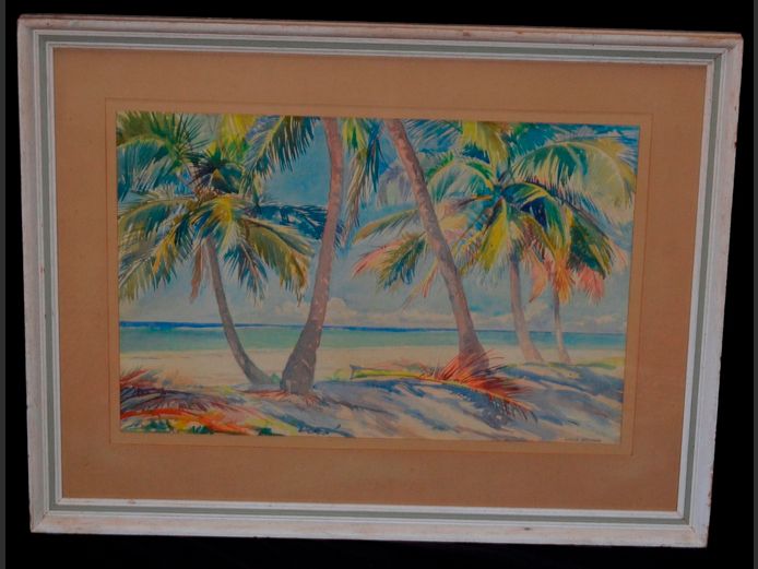 FRAMED WATERCOLOUR "PALM TREES" SIGNED LORNA HASTINGS, 57 x 37cm