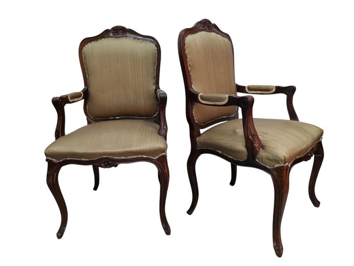 Pair of Louis XV Revival Carved Armchairs (Fauteuils)