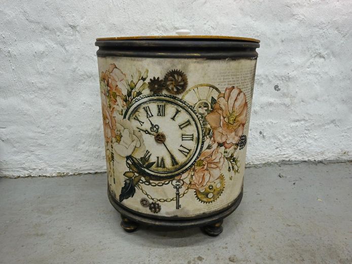 Vintage Steampunk Floral Round Wooden Storage Bin Barrel With Lid