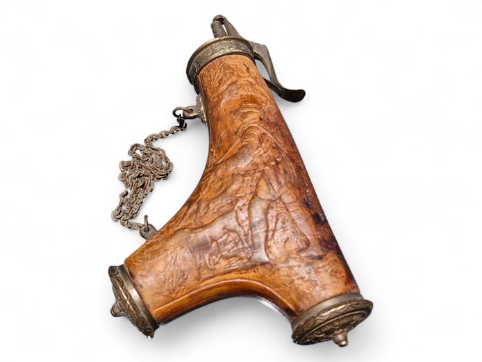 Antique German Carved Wood & Brass Powder Flask