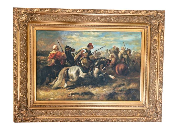 "Charge of The Arabian Cavalry" Oil Painting in Ornate Gilded Frame