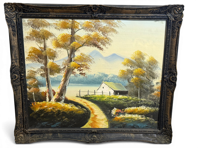 Vintage Landscape Oil Painting (Impasto Style) – Ornate Frame
