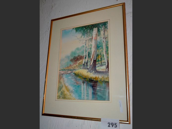FRAMED WATERCOLOUR "TREES AT RIVER SIDE", 35 x 24.5cm