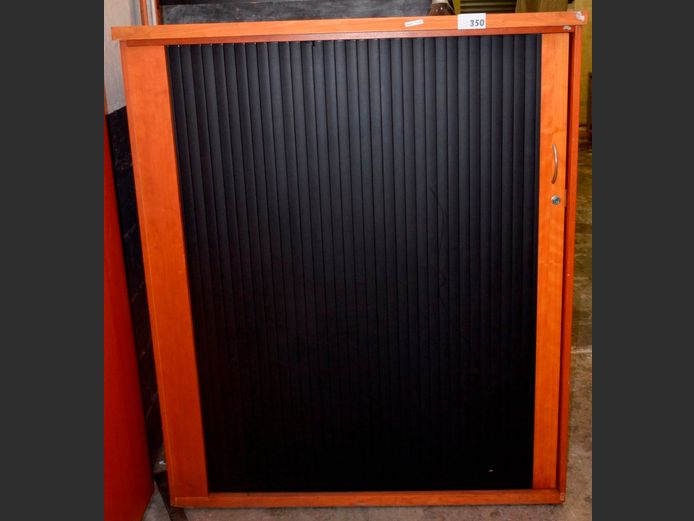 CHERRY FINISH ROLLING DOOR STATIONERY CABINET, 122 x 52 x 146cm