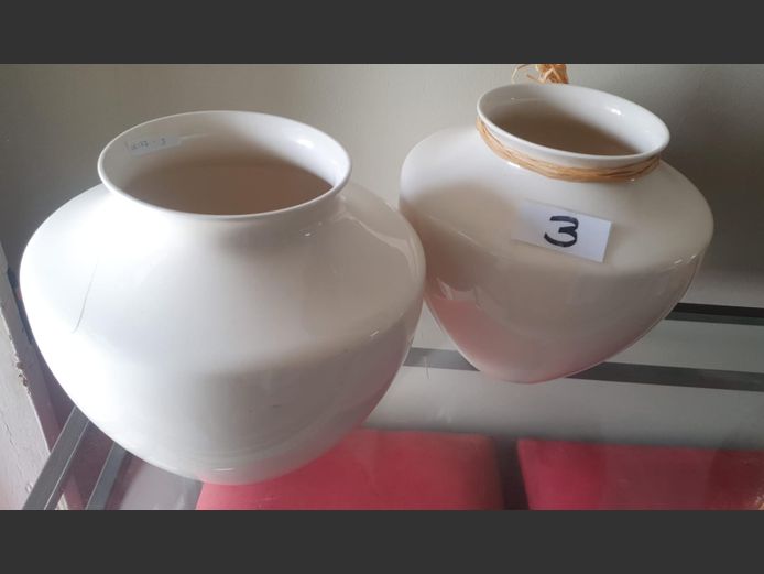 PAIR CREAM GLAZED CERAMIC VASES, 27cm High [1 Cracked]