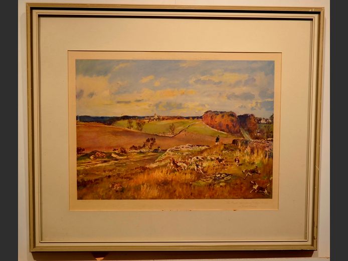 FRAMED PRINT "THE ROYAL AGRICULTURAL COLLEGE BEAGLES AT JARVIS QUARRY", 57 x 43cm