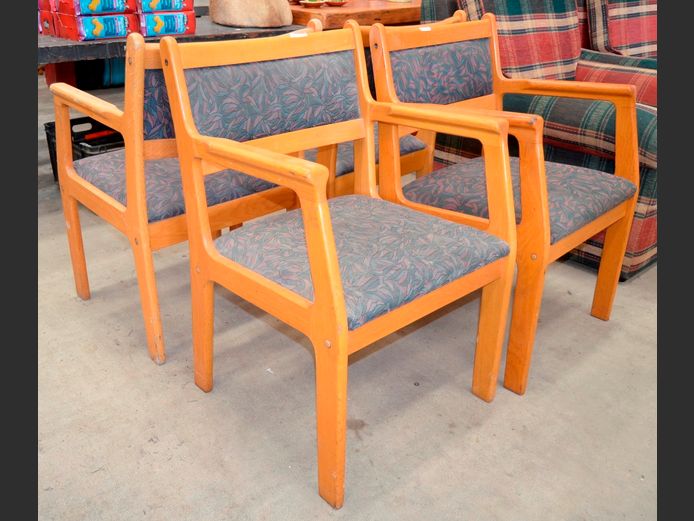 SET OF 4 OAK & UPHOLSTERED VISITOR'S ARMCHAIRS [Seats need a clean]