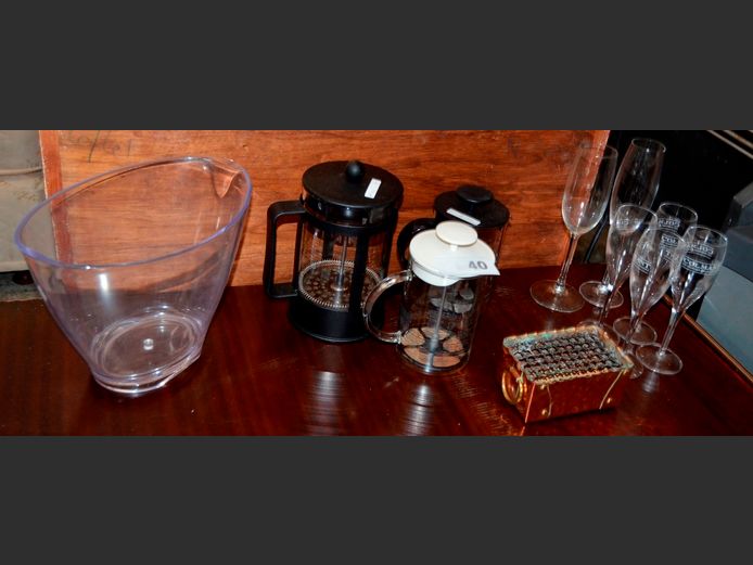 FRENCH PRESSES, CHAMPAGNE FLUTES, ACRYLIC ICE BUCKET, etc