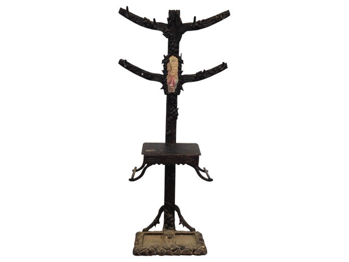 Antique Hand-Carved Black Forest Wooden Hall Stand with Mirror