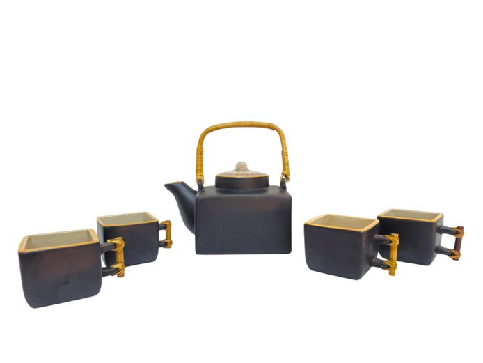 Mid-Century Modern Japanese-Style Ceramic Tea Set with Cane Handles