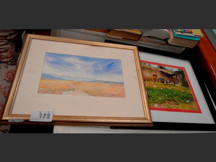FRAMED WATERCOLOUR "MOUNTAIN SCENE" & A FRAMED PHOTOGRAPH, 36.5 x 24cm & 33.5 x 19.5cm