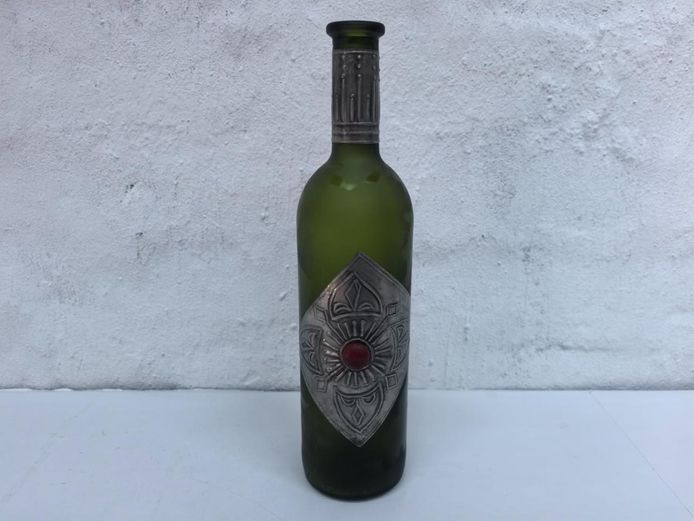 Vintage Frosted Green Glass Decorative Bottle with Metal Overlay