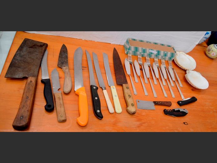 LARGE CLEAVER, BUTCHER'S KNIVES, FISH KNIVES & FORKS, etc