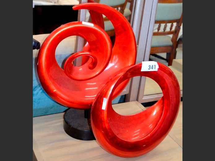 PAIR RED CENTRE PIECES, 45cm Diameter x 57cm High & 40cm diameter x 40cm High