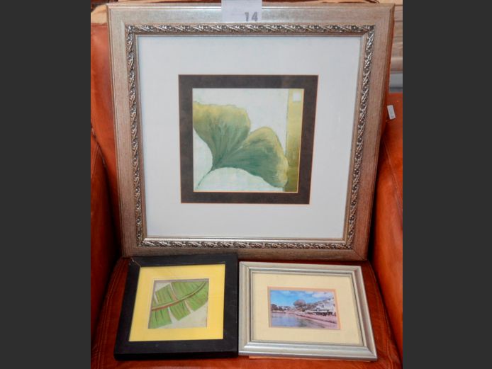 LOT OF 3 FRAMED PRINTS: DELICIOUS MONSTER LEAF, PALM FROND & HARBOUR SCENE