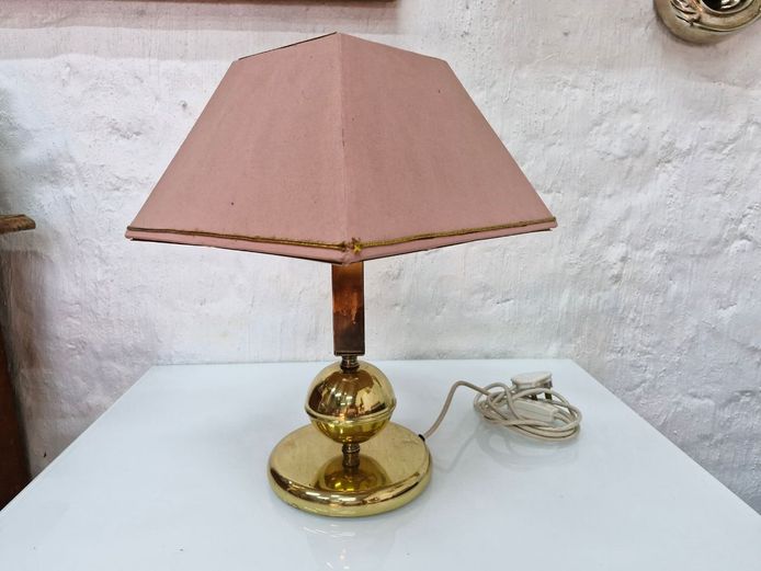 Vintage Brass Ball & Pillar Table Lamp with Pink Shade