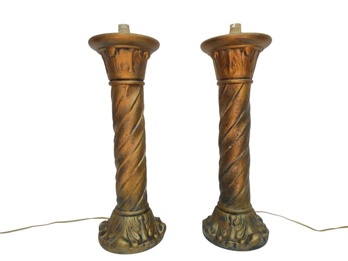 Pair of Baroque Revival Gilt Ceramic Solomonic Column Table Lamps