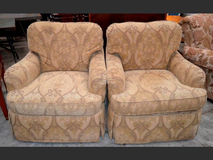 PAIR SHERRILL BEIGE & BROWN UPHOLSTERED ARMCHAIRS