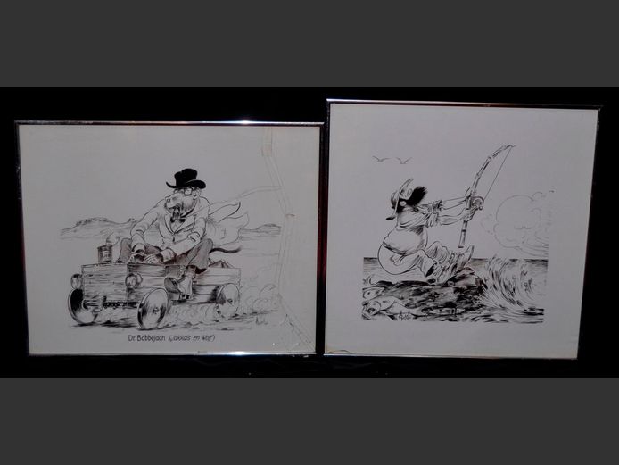 PAIR SILVER GILT FRAMED "COMIC" PRINTS: DR. BOBBEJAAN (JAKKALS EN WOLF) & FISHERMAN, 50 x 50cm & 55 x 45cm [Glass cracked to 1]