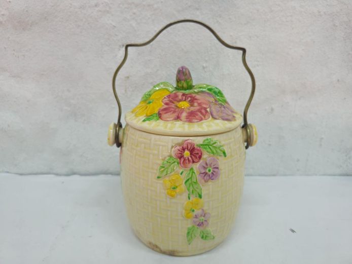 Floral Ceramic Biscuit Barrel Jar with Brass Handle
