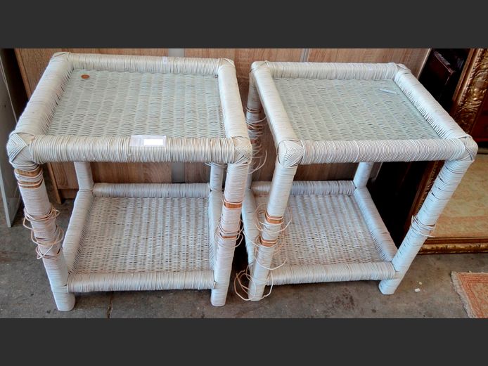 PAIR WHITE WICKER SIDE TABLES, 48 x 42 x 60cm [Wicker coming loose in places]