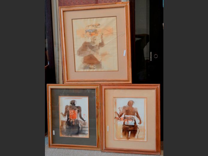 FRAMED WATERCOLOURS "AFRICAN MEN", 25 x 35cm, 26 x 35cm & 36 x 43cm [Glass broken to 1] [42927-41]