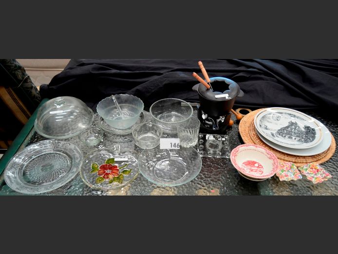 CAST IRON FONDUE POT ON STAND, GLASS CLOCHE, BOWLS, etc