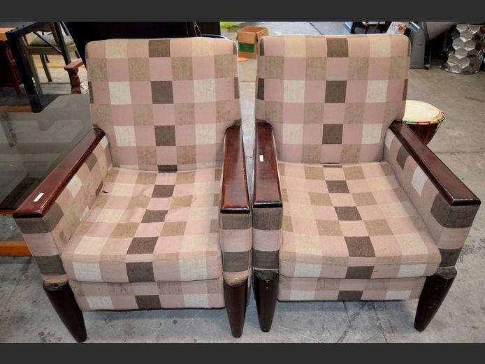 PAIR CREAM & BROWN UPHOLSTERED ARMCHAIRS