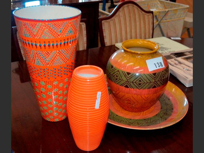ORANGE & ETHNIC PATTERNED VASES & PLATTER