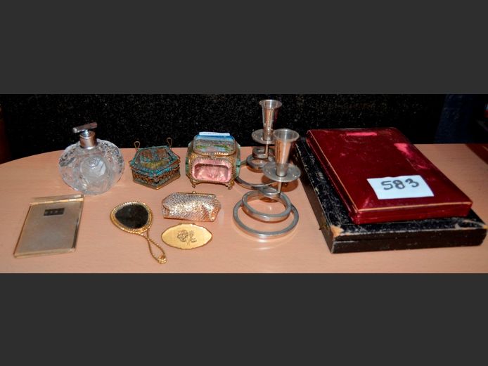 SMALL BRASS MIRROR, JEWELLERY BOXES, CUT GLASS PERFUME BOTTLE, etc
