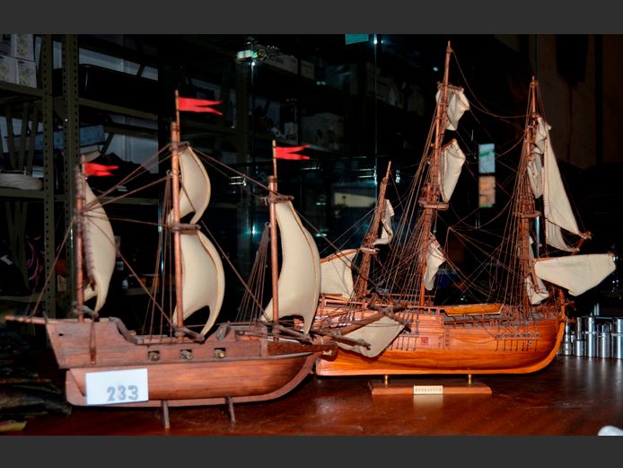 LOT OF 2: WOODEN MODEL SHIPS, 52 x 41cm & 41 x 51cm