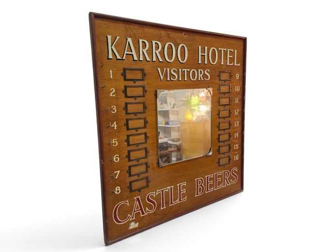 Colonial-Era "Karroo Hotel" & "Castle Beers" Wooden Visitors Directory Board with Mirror
