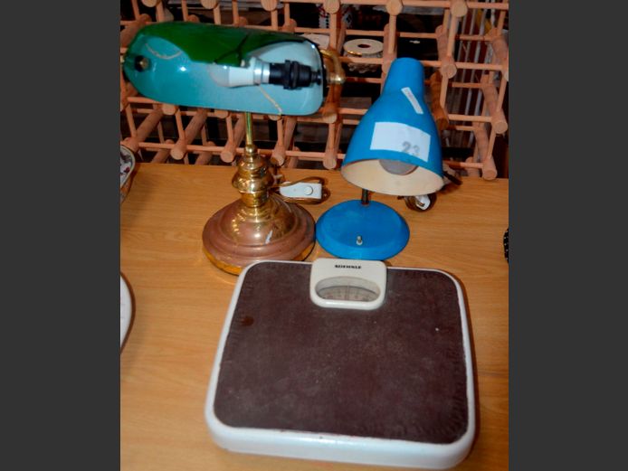 BRASS PLATED BANKER'S LAMP [Shade broken], ADJUSTABLE DESK LAMP, etc