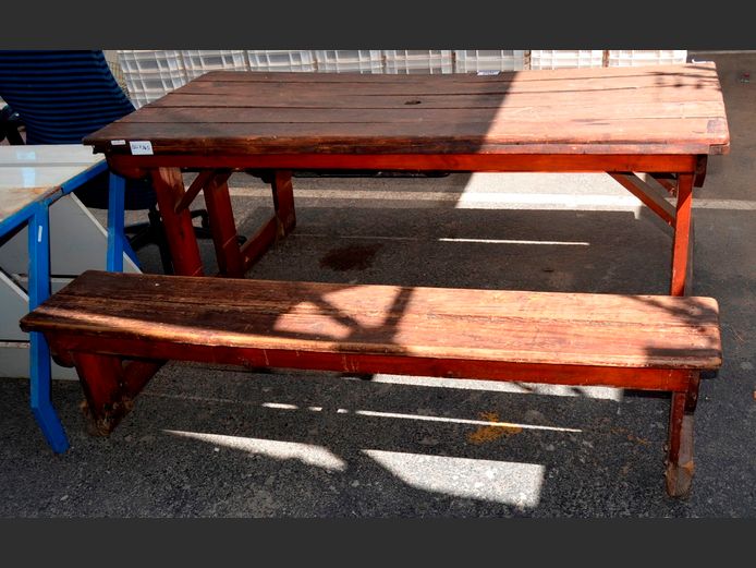 WOODEN PATIO TABLE WITH BENCHES ATTACHED, 180 x 165 x 81cm [Needs a little TLC]