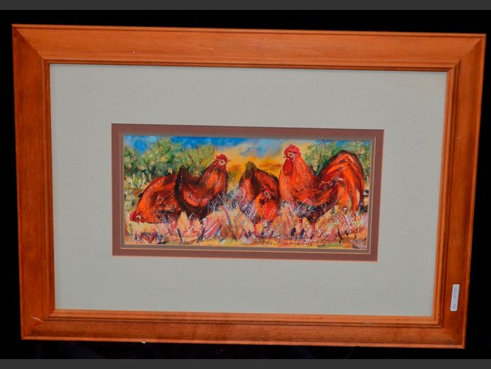 FRAMED MIXED MEDIA "CHICKENS" SIGNED PETRA STIGLINGH, 39 x 18cm